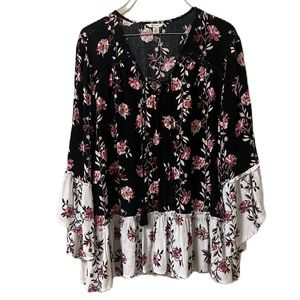 Cato, 100% Rayon, Bell Sleeves,Tassel Tie Up Neckline,Floral Print Top, Multi, M